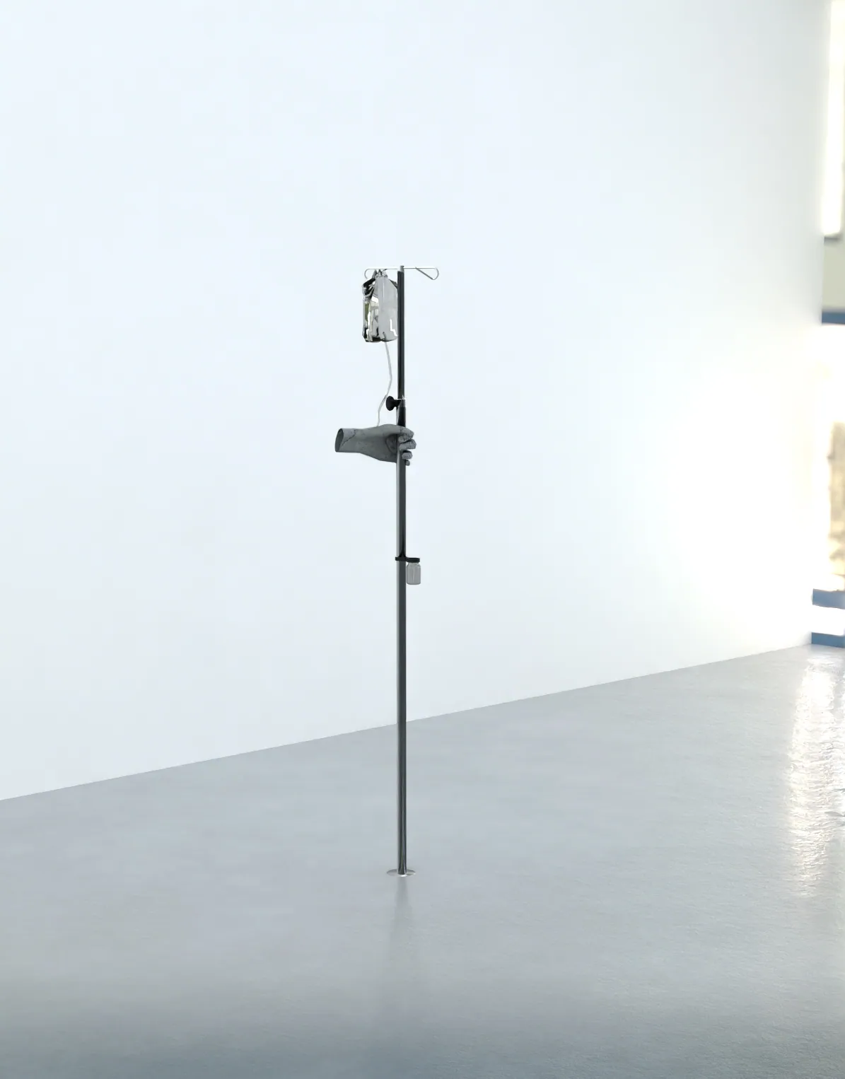 Self care, 2023, Installation: concrete sculpture, aluminium tube, plastic bag, plastic tube, glass jar, 230 x 120 x 120 cm