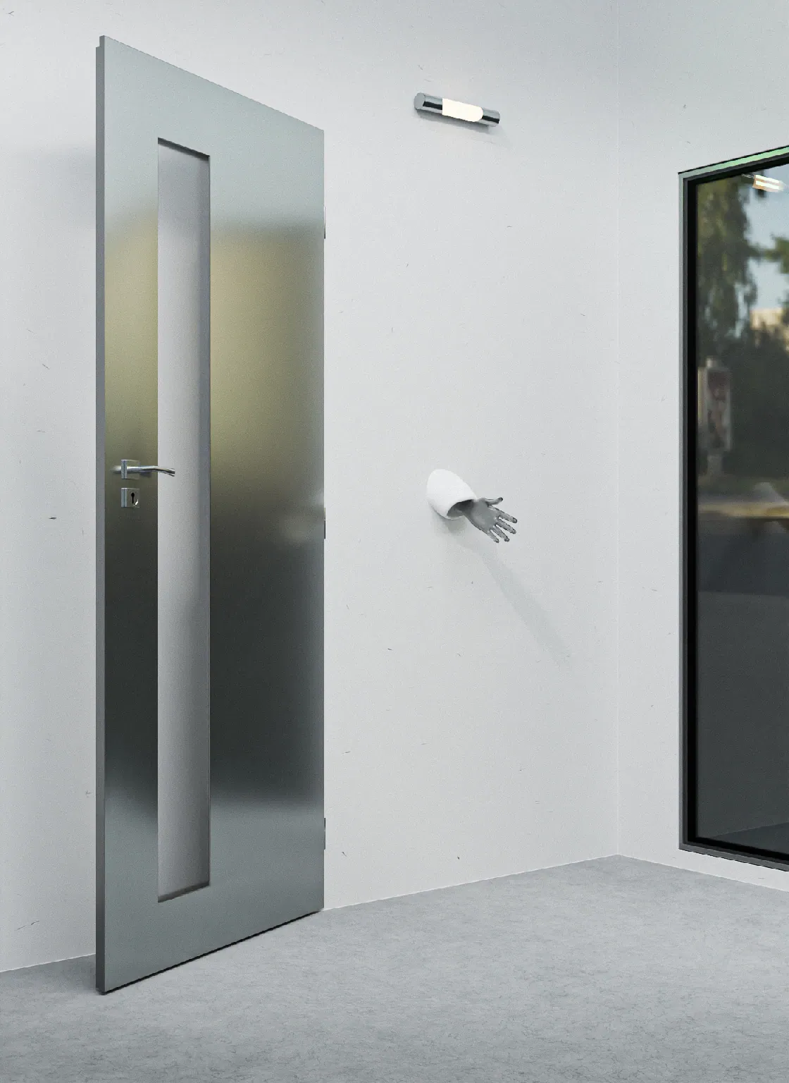 Trust, 2023, Installation: aluminium door, neon, glass sculpture, white coat, Variable dimensions