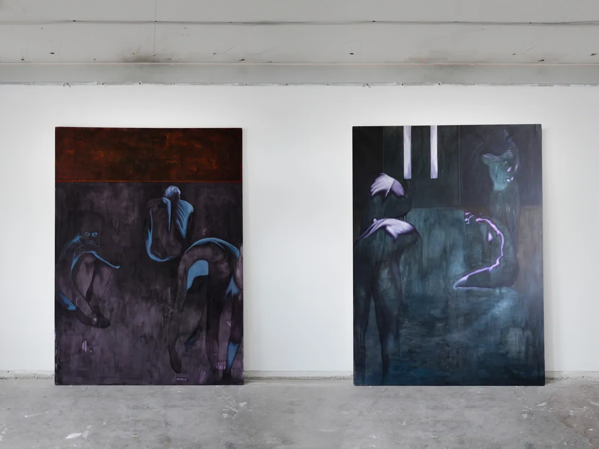 Enclos de chair (Flesh enclosure), 2025, Oil on linen, 200 x 160 x 4,5 cm; Flesh covers the bone, 2025, Oil on linen, 200 x 160 x 4,5 cm