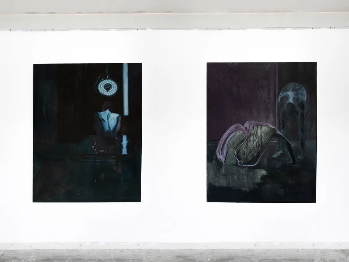 Chair exposée (Exposed flesh), 2025,Oil on linen, 146 x 114 x 4,5 cm; Cry of the flesh, 2025, Oil on linen, 146 x 114 x 4,5 cm