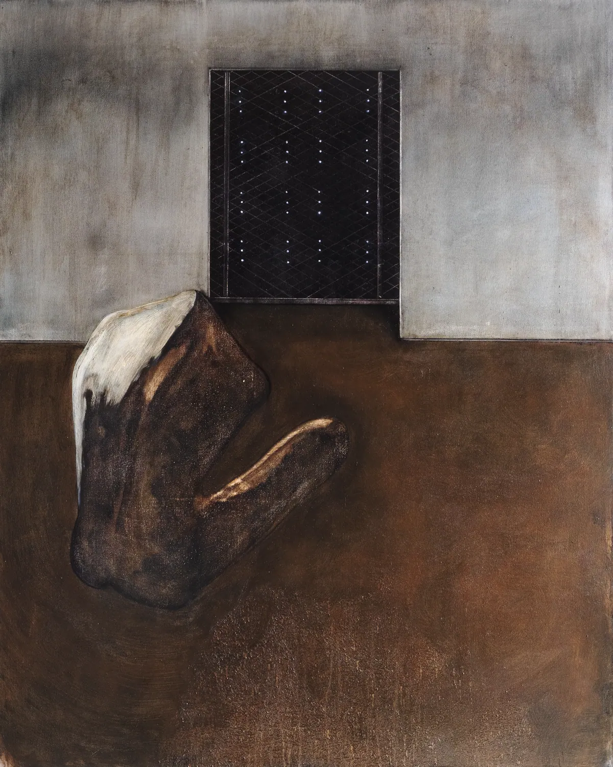 De chair d’aluminium et de silence (Of aluminum flesh and silence), 2025, Oil on linen, 150 x 120 x 3,5 cm
