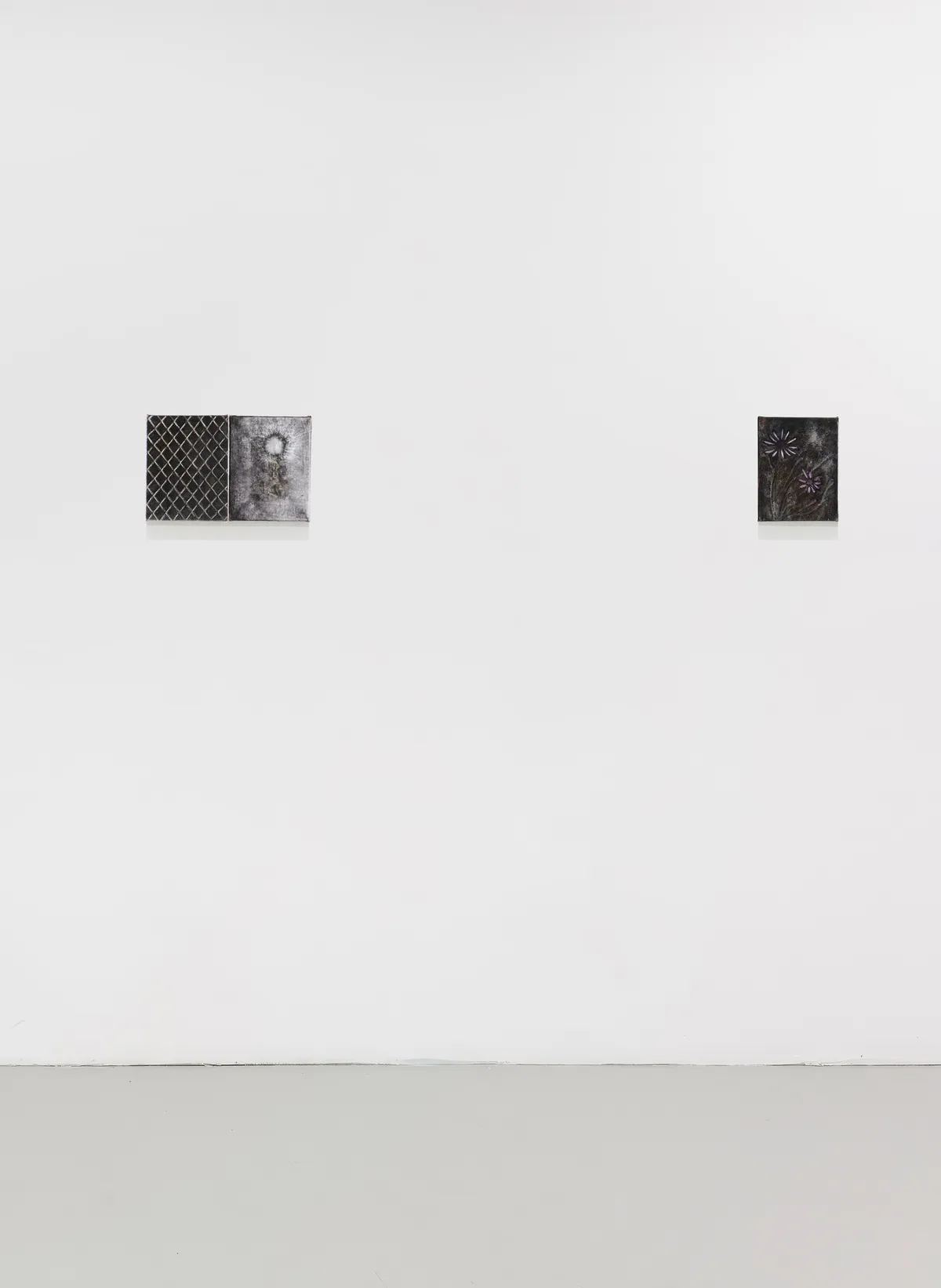 Substance et subistance (Substance and subsistence), 2025, Oil on linen (dyptic), 18 x 28 x 2,5 cm; Chicoré asphaltée (Asphalted chicory), 2025, Oil on linen, 18 x 14 x 2,5 cm