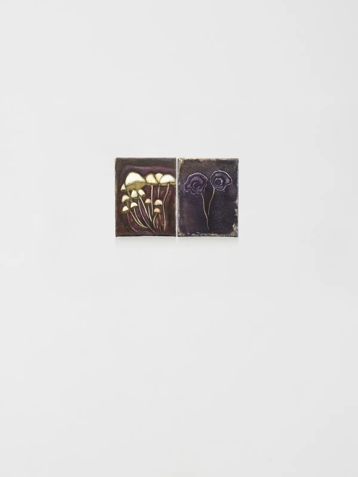 Saprophytes, 2025, Oil on linen, 18 x 14 x 2,5 cm, Private collection; Pharmakos, 2025, Oil on linen, 18 x 14 x 2,5 cm, Private collection