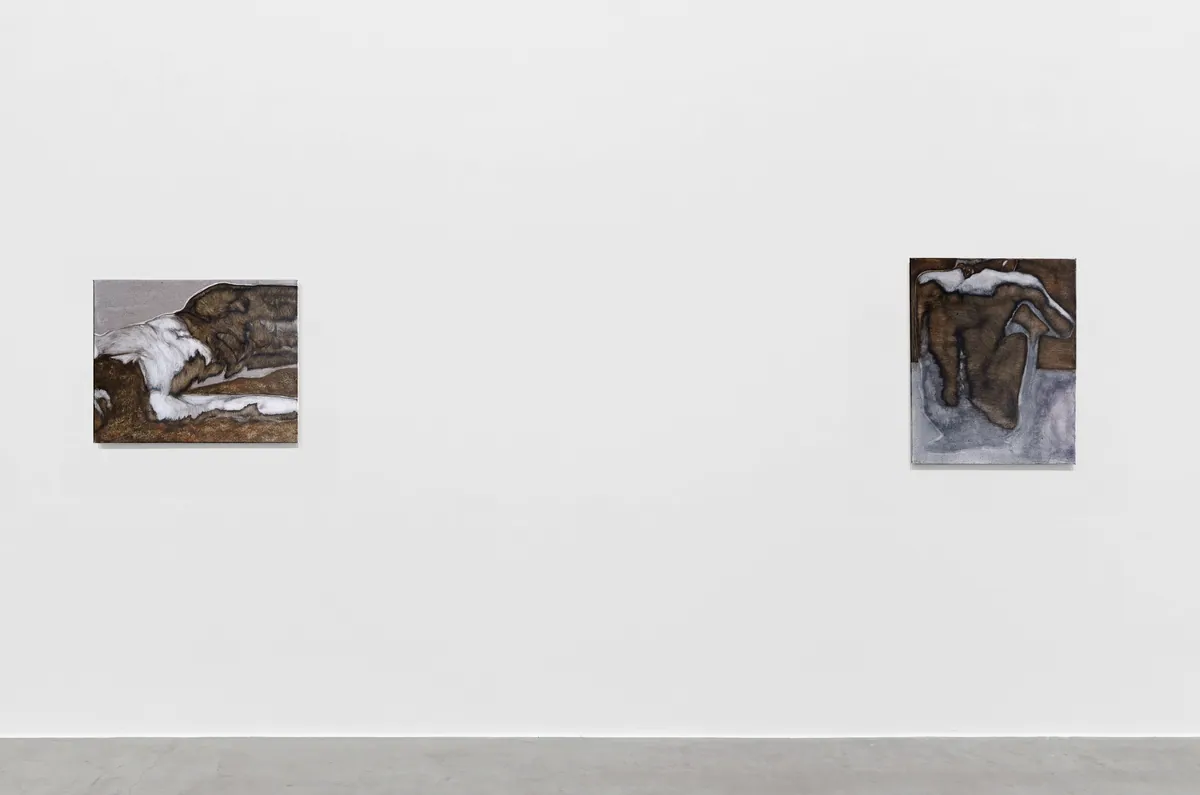 Sous terre, sous peau (Beneath the ground, beneath the skin), 2025, Oil on linen, 40 x 50 x 3,5 cm; Grey era, 2025, Oil on linen, 50 x 40 x 3,5 cm, Private collection
