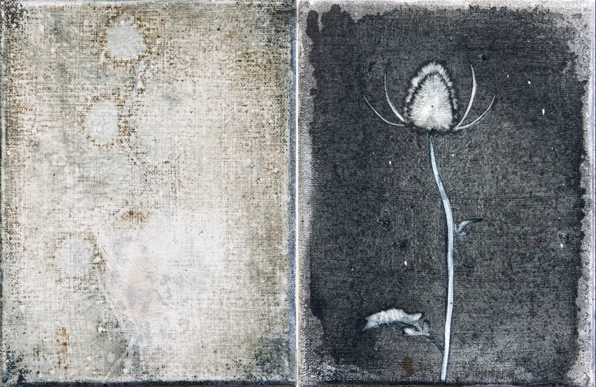 Never bothered to bloom, 2025,Oil on linen (diptych), 18 x 28 x 2,5 cm