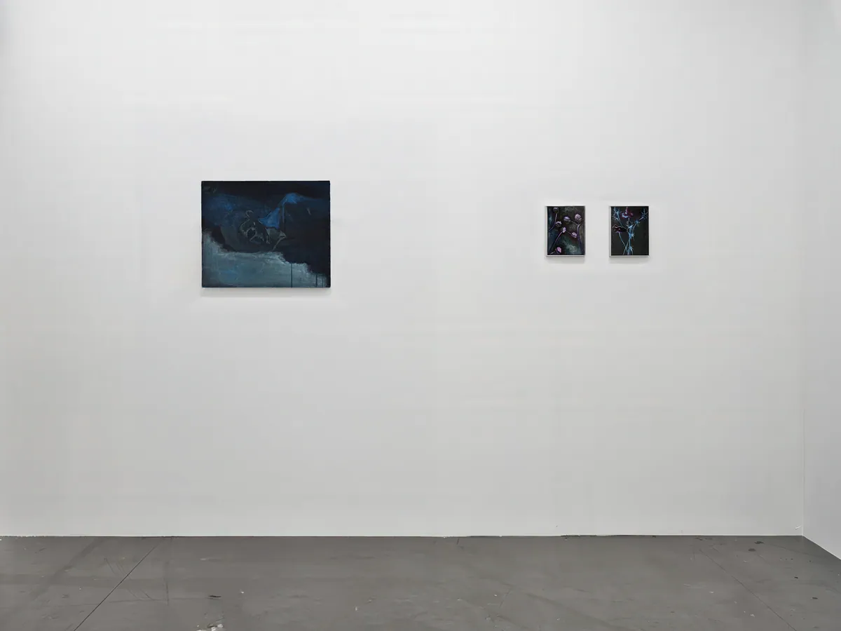 Narcisse’s fall, 2024, Oil on linen, 46 x 38 x 4,5 cm; Sans titre, 2024, Oil on linen, 14 x 18 x 2,5 cm, Private collection; Perte et tendresse (Loss and tenderness), 2024, Oil on linen, 14 x 18 x 2,5 cm, Private collection