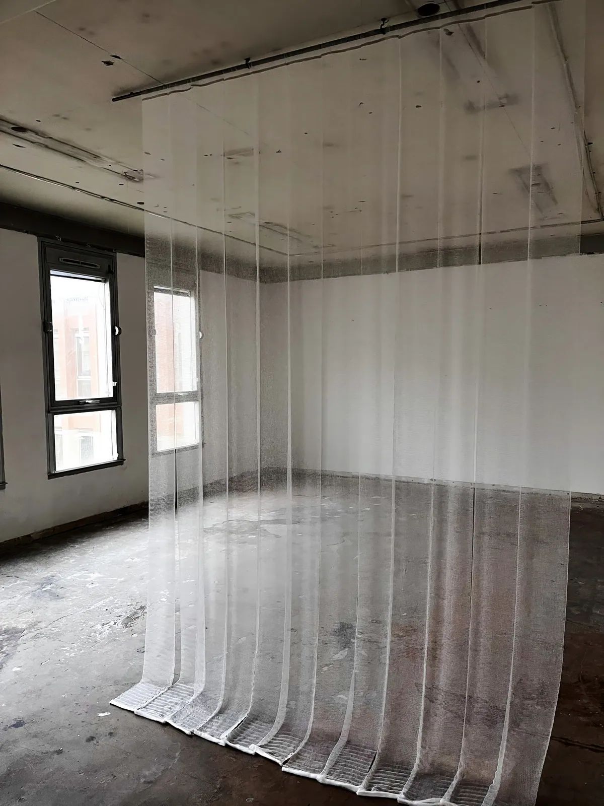L’autre contrée (The Other Realm), 2024, Installation: sound track, steel rod, strips of medical gauze, 320 x 200 x 2 cm