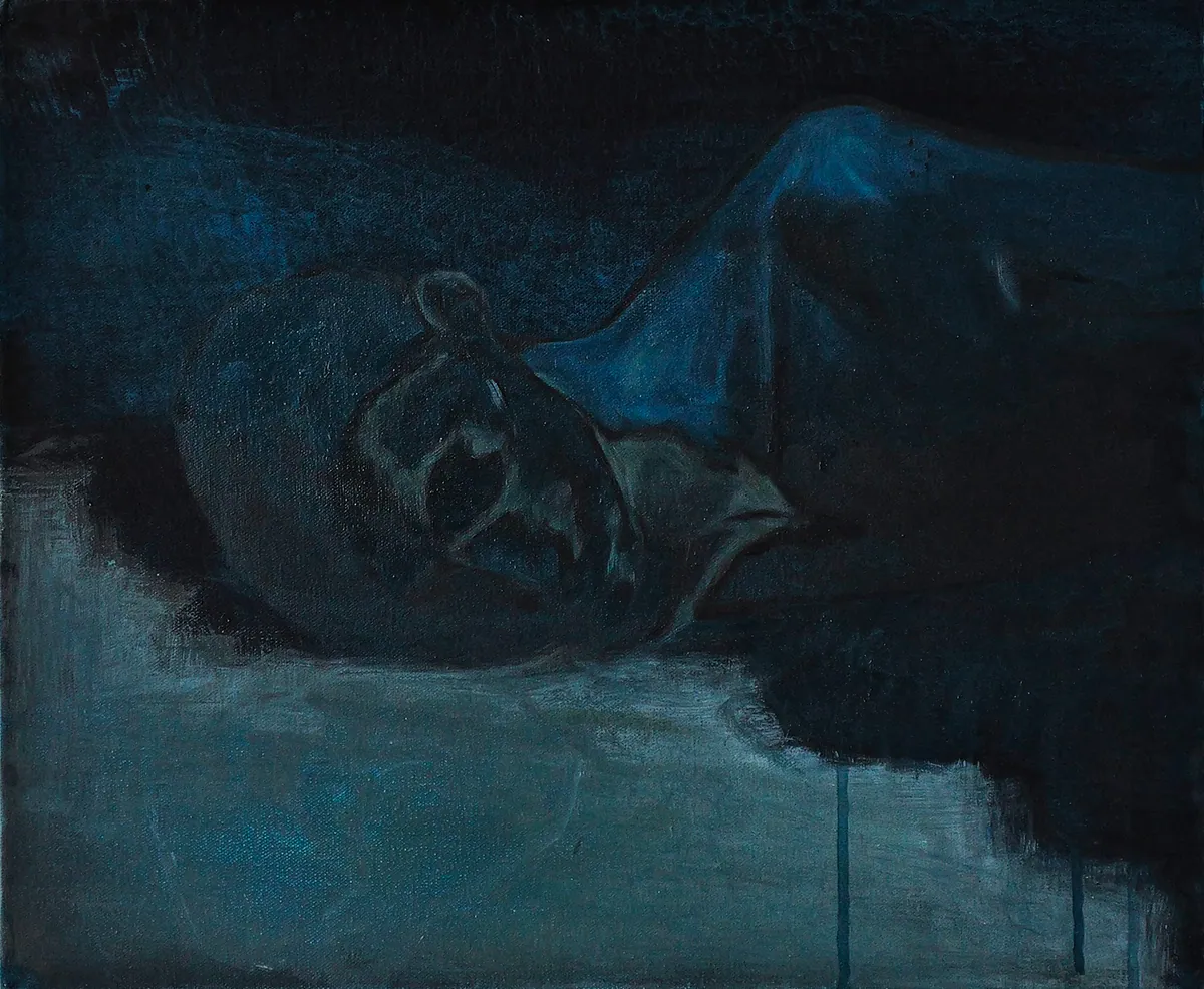 Narcisse’s fall, 2024, Oil on linen, 38 x 46 x 4,5 cm