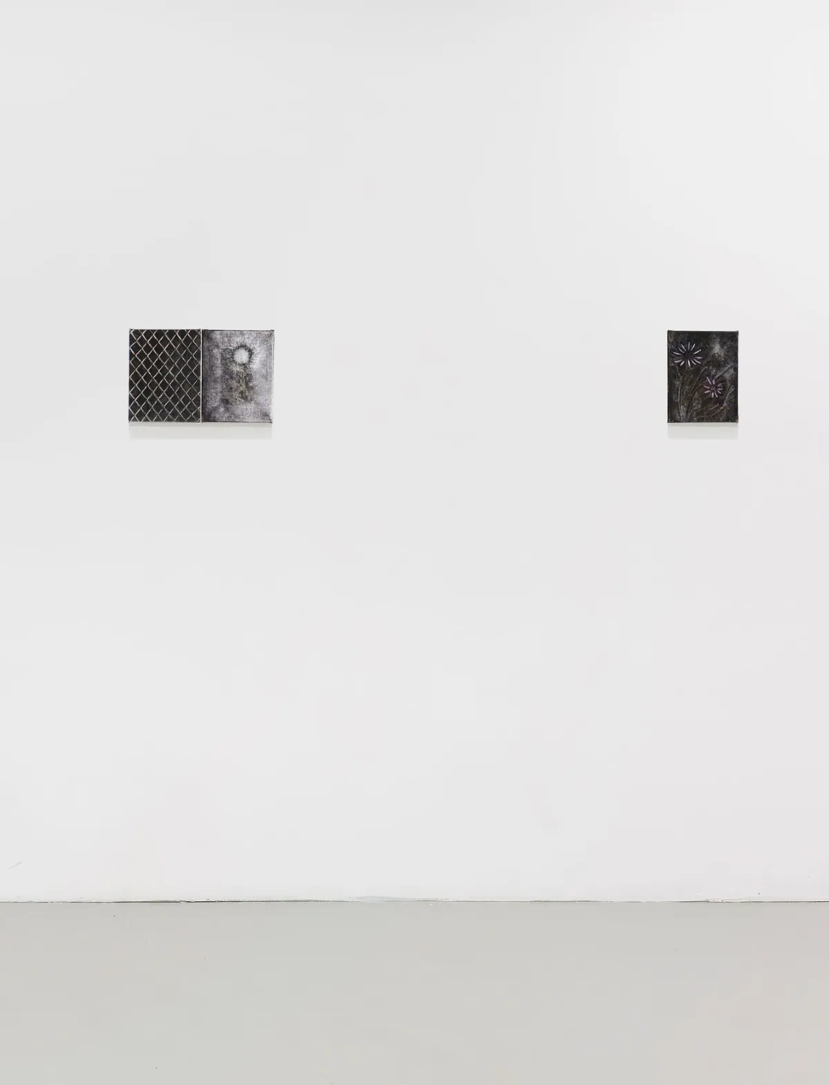 Substance et subistance, 2026, Oil on linen (diptych), 18 x 28 x 2,5 cm ; Chicoré asphaltée, 2026, Oil on linen, 18 x 14 x 2,5 cm