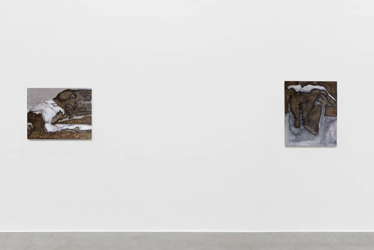 Sous terre, sous peau, 2025, Oil on linen, 40 x 50 x 3,5 cm ; Grey era, 2025, Oil on linen, 50 x 40 x 3,5 cm, Private collection