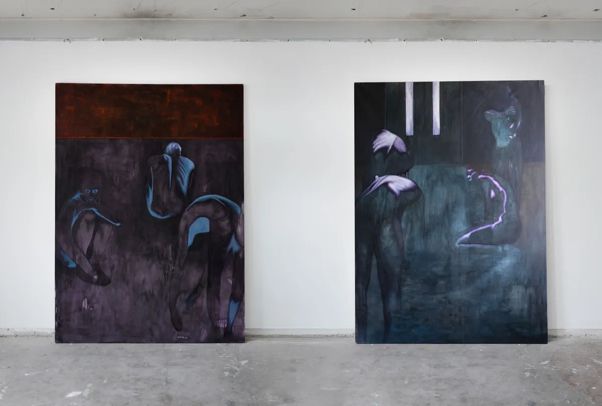 Enclos de chair, 2025, Oil on linen, 200 x 160 x 4,5 cm ; Flesh covers the bone, 2025, Oil on linen, 200 x 160 x 4,5 cm