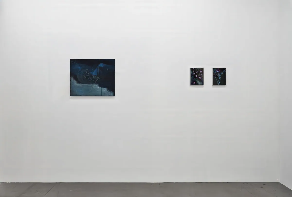 Narcisse’s fall, 2024, Oil on linen-cotton, 46 x 38 x 4,5 cm ; Sans titre, 2024, Oil on linen-cotton, 14 x 18 x 2,5 cm ; Perte et tendresse, 2024, Oil on linen-cotton, 14 x 18 x 2,5 cm